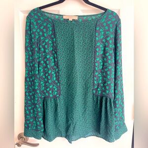 LOFT top with peplum ruffle, navy and green, size M
